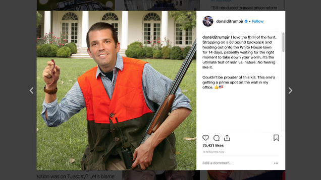 Illustration for article titled Despicable: Donald Trump Jr. Just Posted A Photo Of Himself Proudly Posing With A Worm He Shot On The White House Lawn